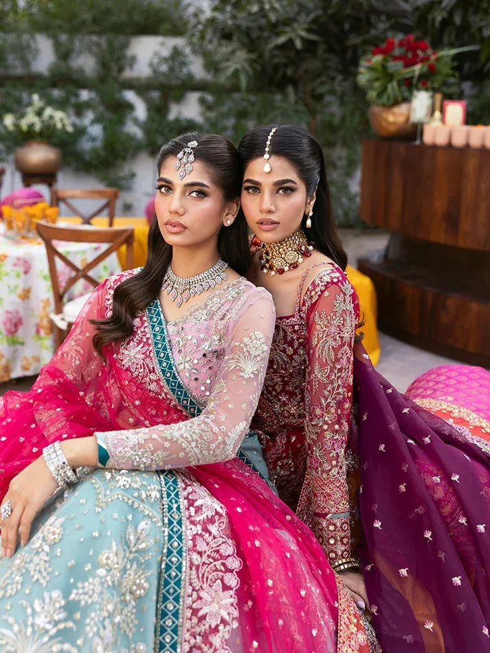 "Close-up detailing on the Gulaal Shabnam shirt bodice, displaying hand-worked adda embellishments, sheesha accents, panni embroidery, and fine organza fabric texture."