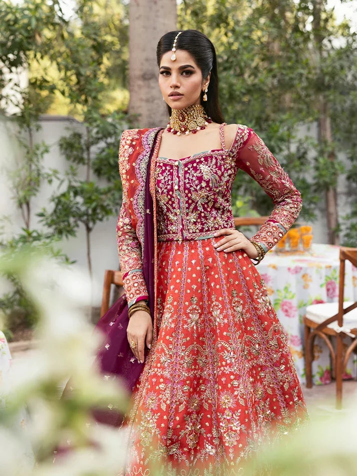 "Detailed drape view of the fluid luxury embroidered organza statement dupatta with scalloped borders paired with the Gulaal Shabnam formal suit from Mirha Collections."