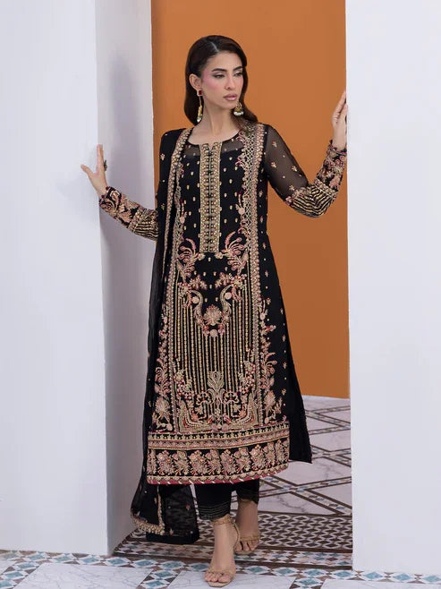 "Mirha Collections Gulaal Soir luxury embroidered stitched three-piece suit. Full-length front view featuring tailored dark-toned shirt, embellished dupatta, and trousers."
