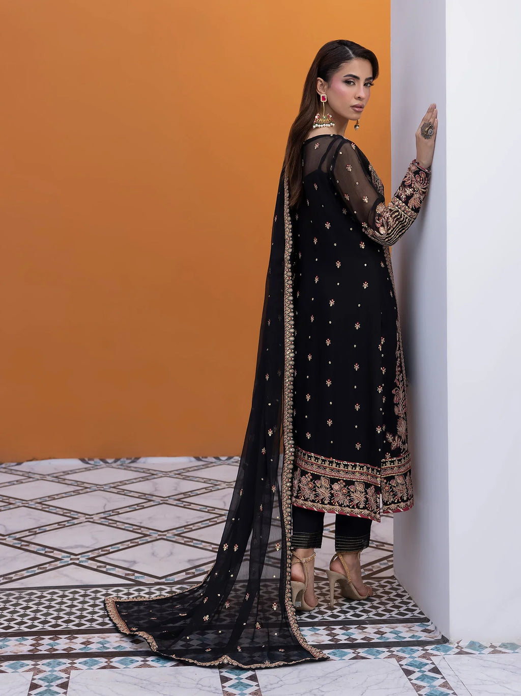 "Detailed drape view of the fluid luxury embroidered statement dupatta paired with the Gulaal Soir formal suit from Mirha Collections."