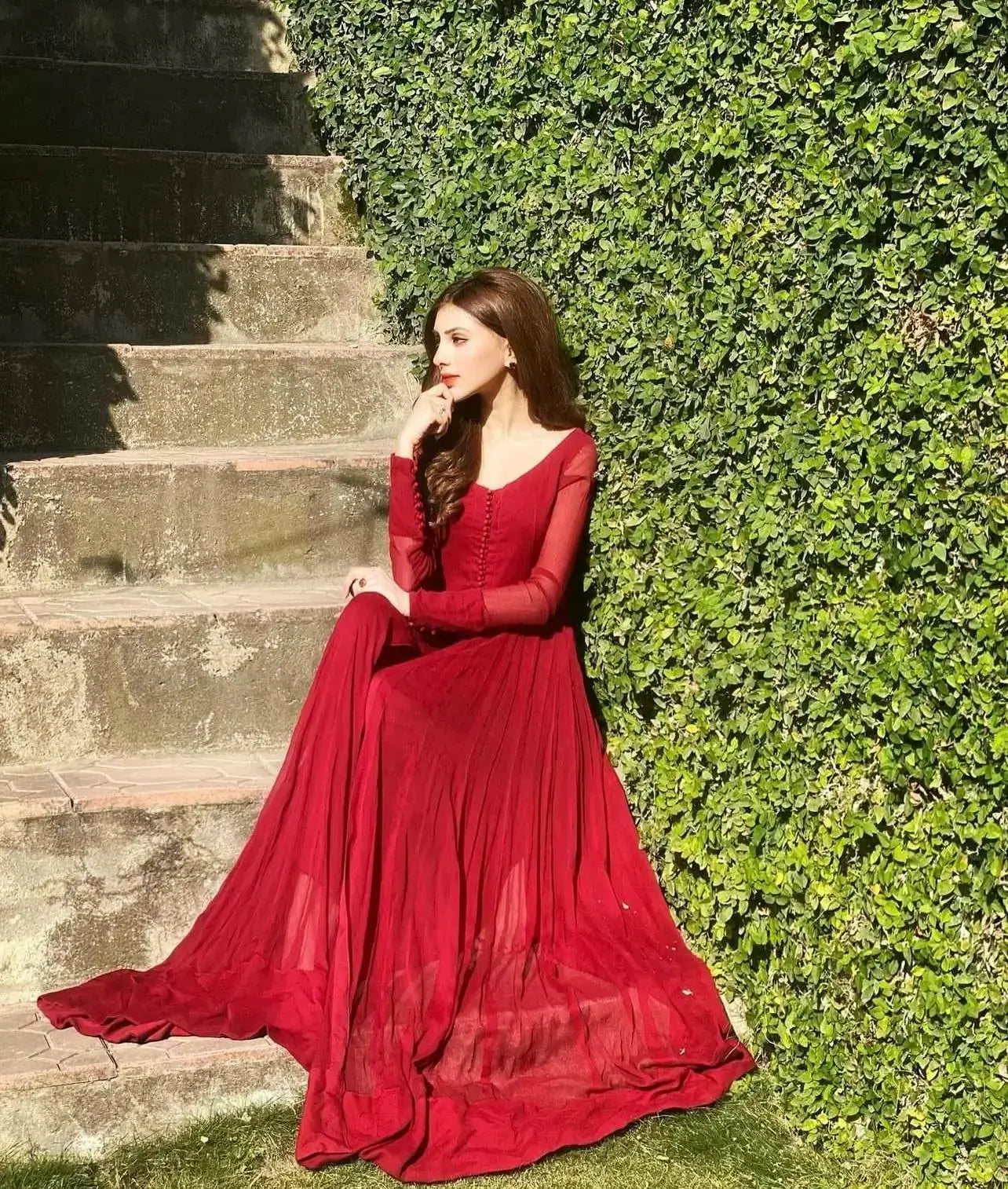 "Detailed drape view of the fluid red dupatta paired with the LXM Regal Red Kalidaar ensemble from Mirha Collections."