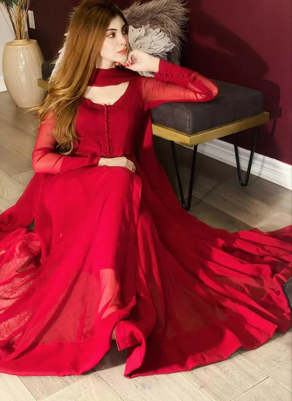 "Mirha Collections LXM Regal Red classic chiffon Kalidaar stitched suit as seen on Taniya and Mahrukh Habib. Full-length flared Pishwas frock view paired with grip trousers."