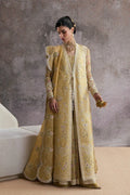 "Mirha Collections Suffuse Urah silk printed and embroidered shirt with straight raw silk trousers luxury pret three-piece set."