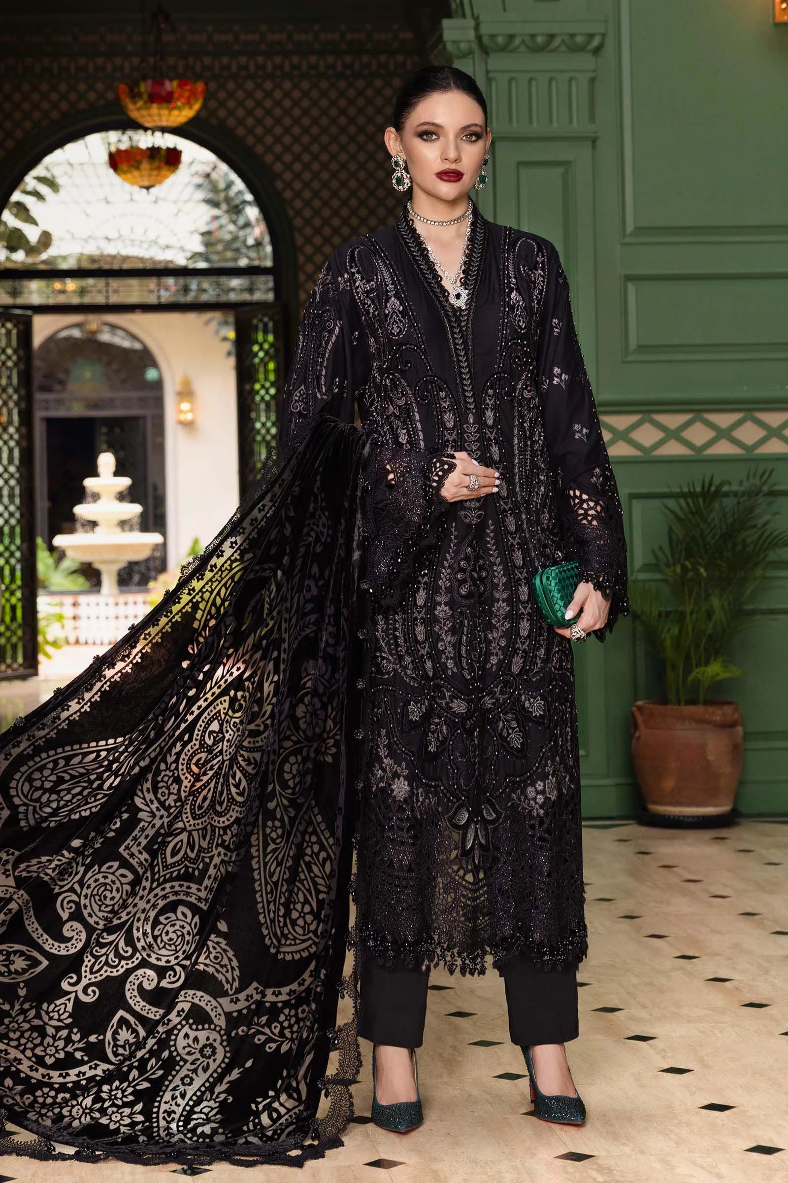 "Mirha Collections Maria B WL-1307 printed and embroidered three-piece stitched linen suit. Full-length front view featuring tailored shirt, warm shawl, and trousers."