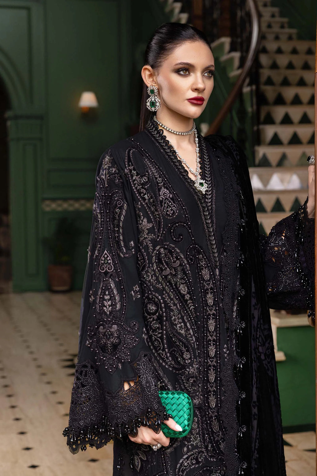 "Detailed drape view of the printed wool/linen blend shawl paired with the Maria B WL-1307 winter suit from Mirha Collections."