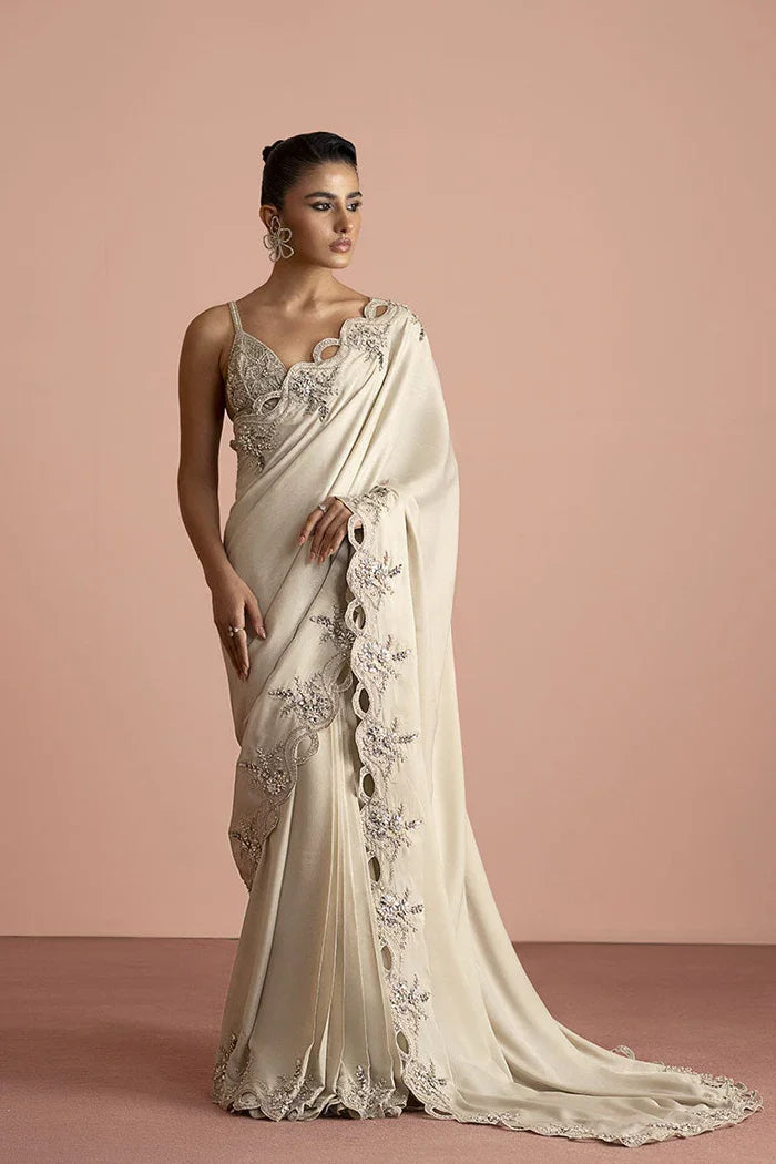 "Mirha Collections Vera white shimmer organza saree draped with hand-embellished blouse luxury designer formal outfit."