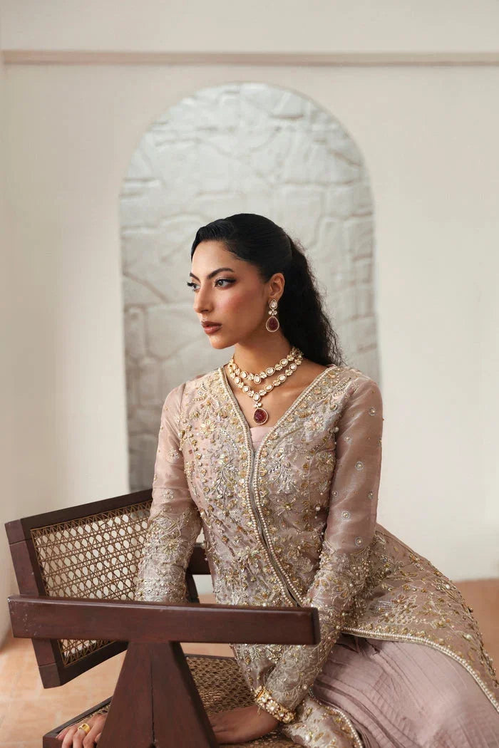 "Close-up of hand-worked zardozi, crystal accents, and fine resham threadwork embroidery on Mysie by Tahira Yara shirt bodice."