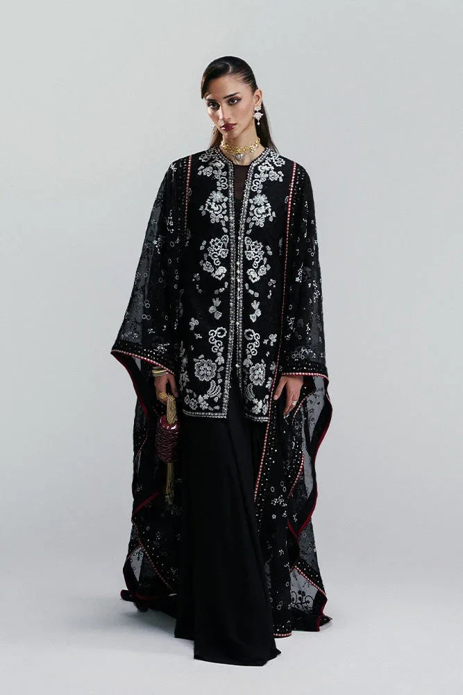 "Mirha Collections Suffuse Zaarish silk printed and embroidered shirt with straight raw silk trousers luxury pret three-piece set."
