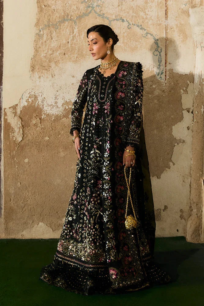 "Mirha Collections Suffuse Zabeen black floral embroidered heavily embellished wedding formal shirt with trousers and dupatta three-piece set."
