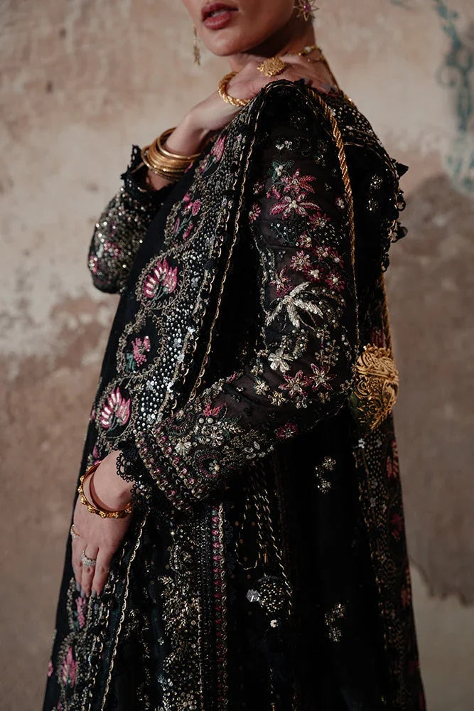 "Close-up of hand-worked zardozi, sparkling sequin accents, and resham threadwork embroidery on the Suffuse Zabeen shirt bodice."