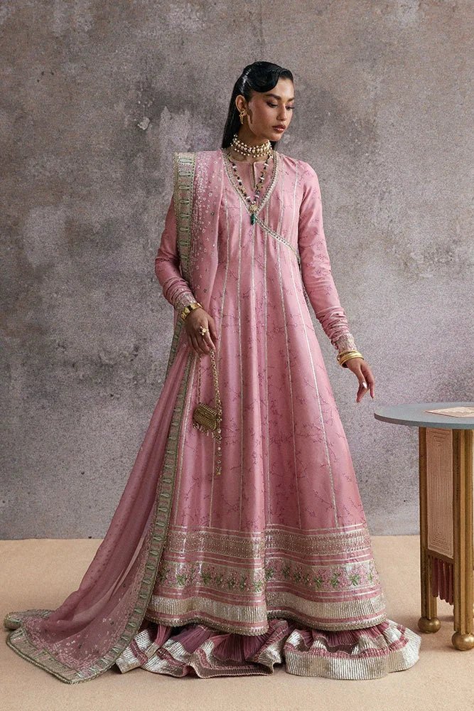 "Mirha Collections Suffuse Zareen silk printed and embroidered shirt with straight raw silk trousers luxury pret three-piece set."