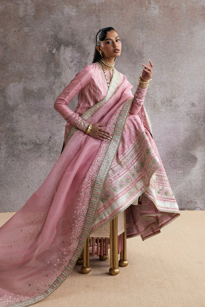 "Detailed view of sleeve border trim and embroidered hemline finishings on the Suffuse Zareen silk pret outfit."