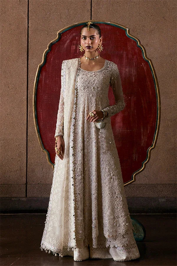 "Mirha Collections Suffuse Zahrell ivory embroidered heavily embellished wedding formal kalidaar gown with raw silk trousers and dupatta three-piece set."