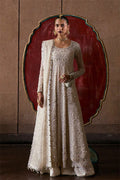 "Mirha Collections Suffuse Zahrell ivory embroidered heavily embellished wedding formal kalidaar gown with raw silk trousers and dupatta three-piece set."