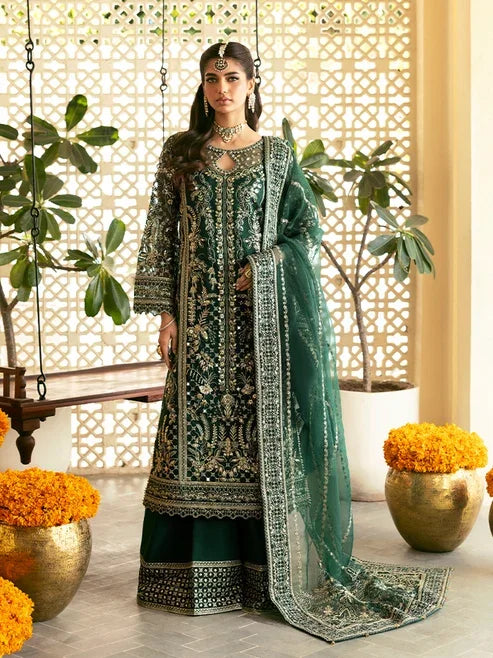"Mirha Collections Gulaal Zayra luxury hand-embellished stitched three-piece organza suit. Full-length front view featuring tailored shirt, embellished dupatta, and raw silk trousers."