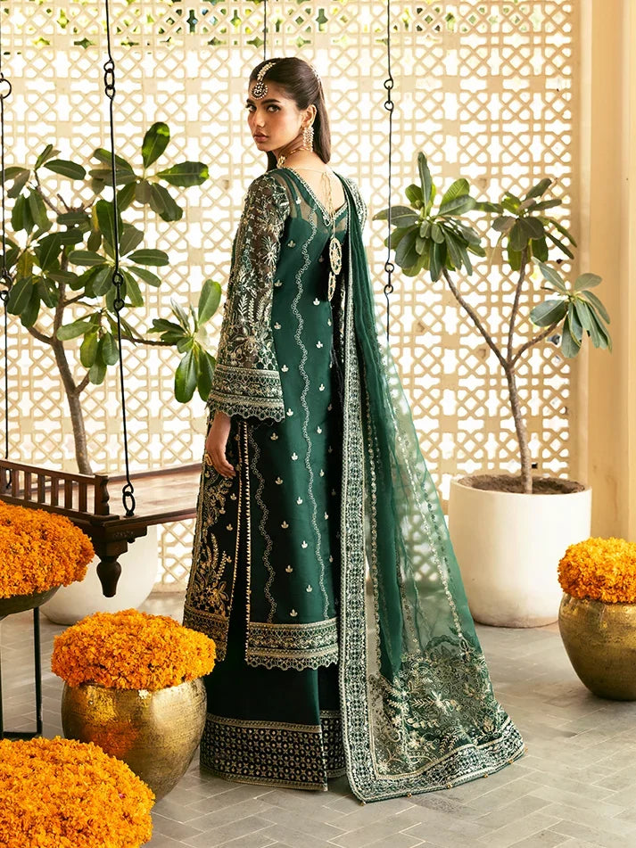 "Detailed drape view of the fluid luxury embroidered organza statement dupatta with scalloped borders paired with the Gulaal Zayra formal suit from Mirha Collections."