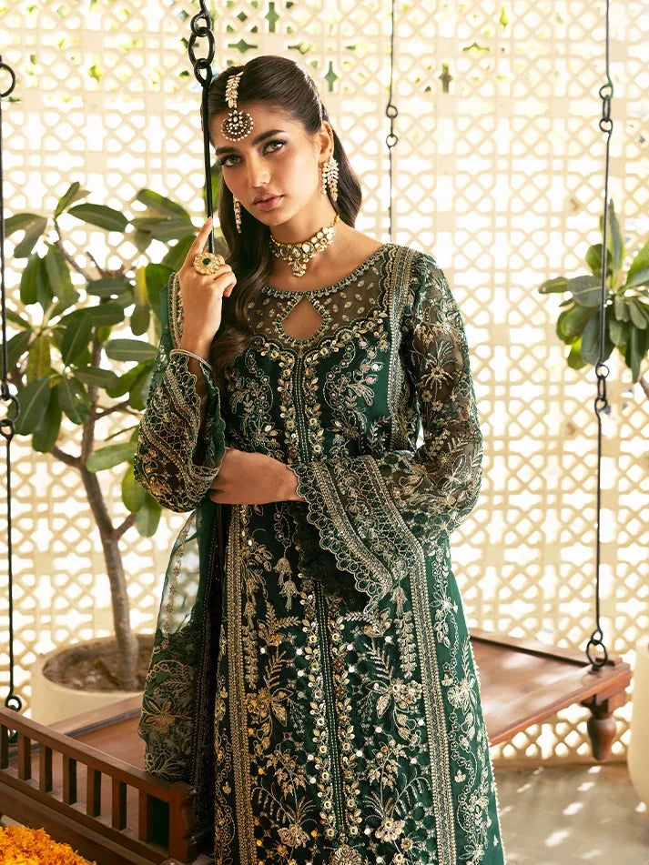 "Close-up detailing on the Gulaal Zayra shirt bodice, displaying hand-worked adda embellishments, sheesha accents, panni embroidery, and fine organza fabric texture."