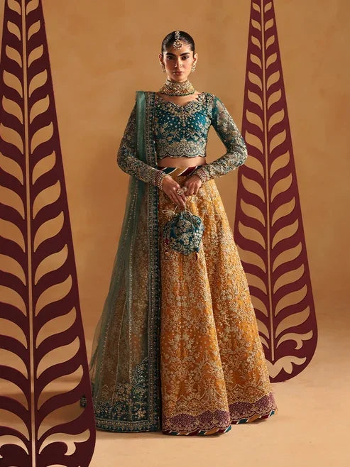 "Mirha Collections Gulaal Zoia luxury embroidered stitched three-piece chiffon suit. Full-length front view featuring tailored shirt, embellished dupatta, and trousers."