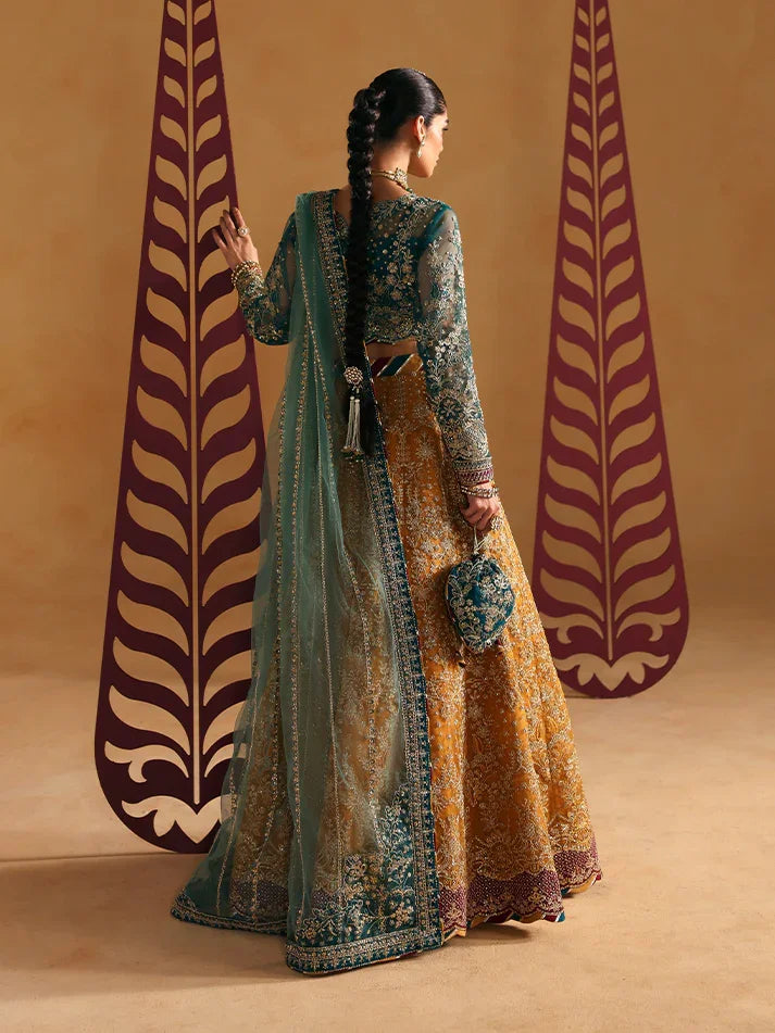 "Detailed drape view of the fluid luxury embroidered chiffon statement dupatta paired with the Gulaal Zoia formal suit from Mirha Collections."