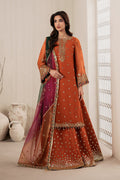 "Mirha Collections Zarif SUNOOR sequins embroidered chiffon stitched suit. Full-length front view featuring embroidered shirt, organza dupatta, and raw silk sharara."