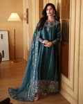 "Mirha Collections Mushq Cyra luxury embroidered stitched three-piece suit. Full-length front view featuring tailored shirt, designer dupatta, and trousers."