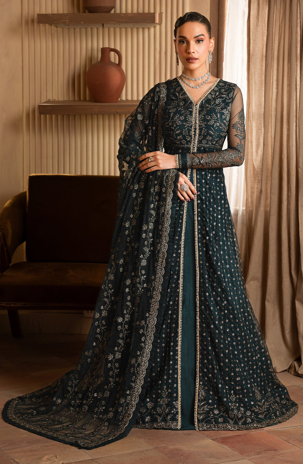"Mirha Collections Zarif ZEF 01 ORNA luxury embroidered stitched three-piece suit. Full-length front view featuring tailored shirt, designer dupatta, and trousers."