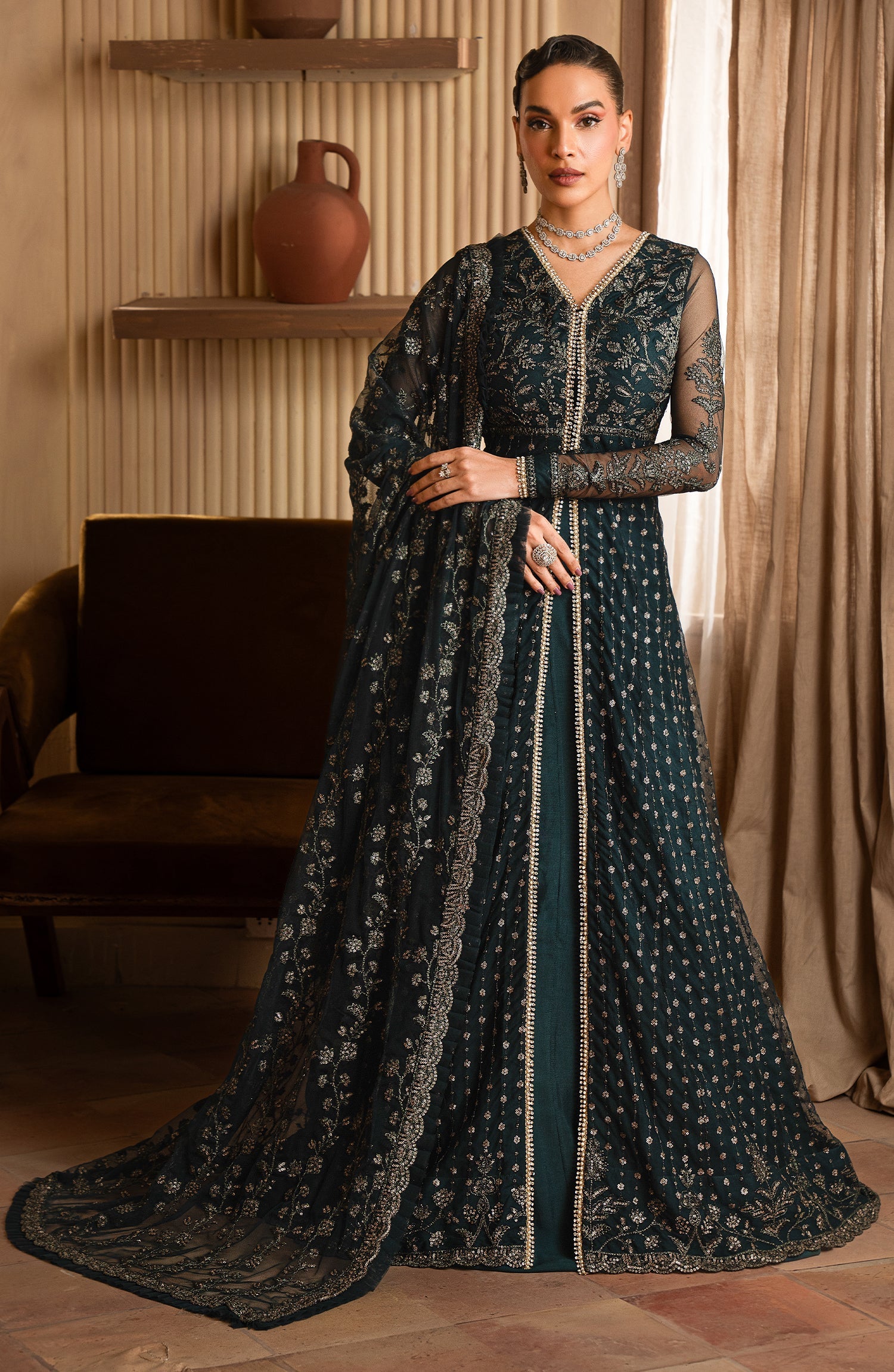 "Mirha Collections Zarif ZEF 01 ORNA luxury embroidered stitched three-piece suit. Full-length front view featuring tailored shirt, designer dupatta, and trousers."