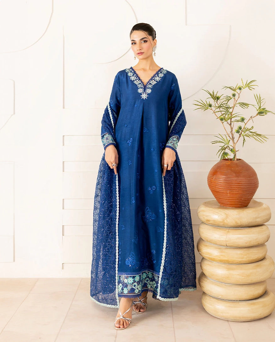 "Mirha Collections Mushq Kayra luxury embroidered stitched three-piece suit. Full-length front view featuring tailored shirt, designer dupatta, and trousers."