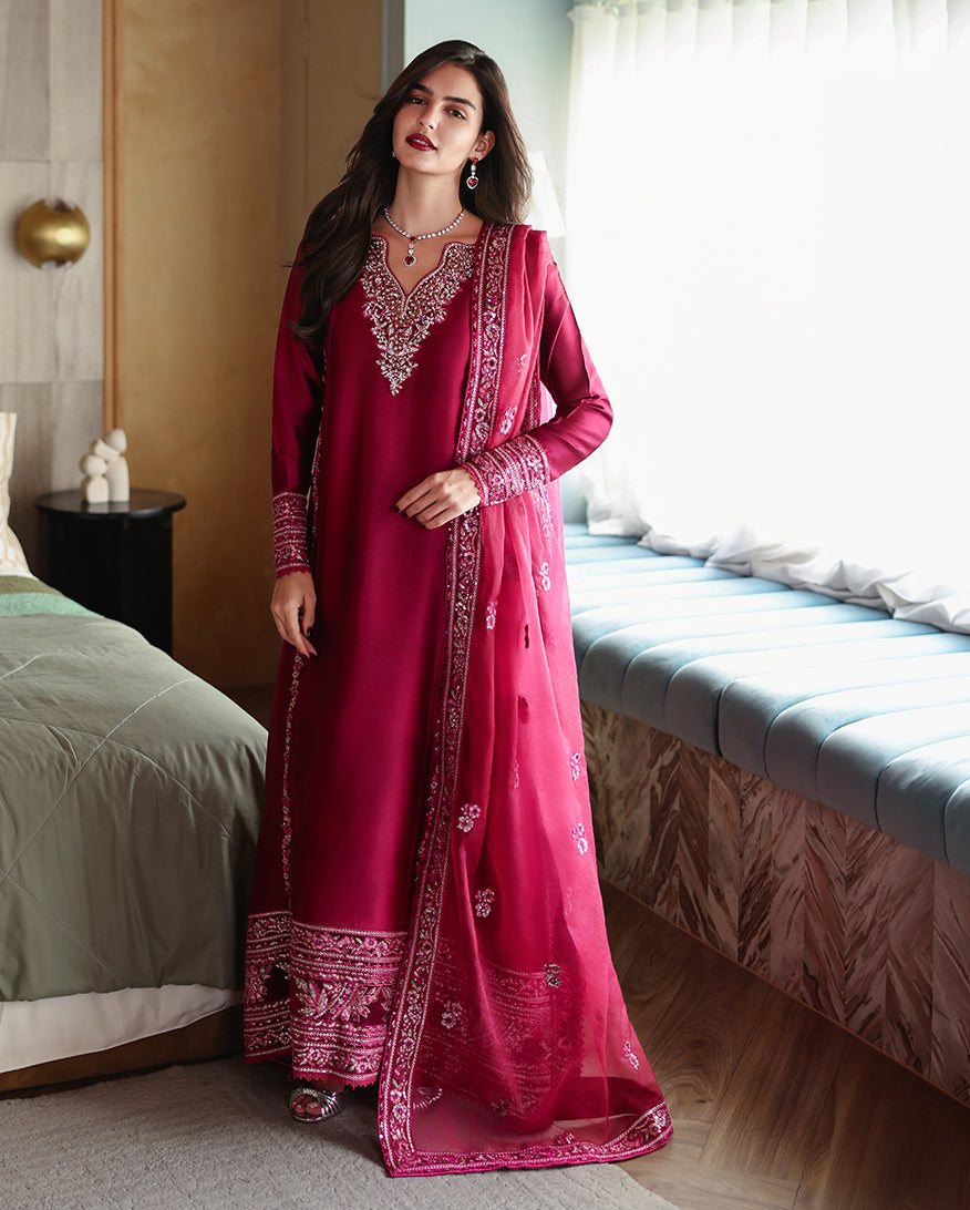 "Mirha Collections Mushq Sereen luxury embroidered stitched three-piece suit. Full-length front view featuring tailored shirt, designer dupatta, and trousers."