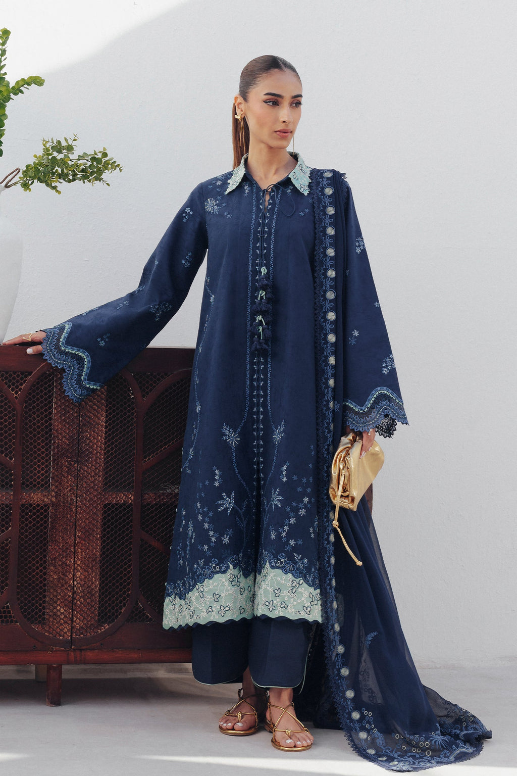 "Mirha Collections Qalamkar QBP-02 DARIA luxury embroidered stitched three-piece suit. Full-length front view featuring tailored shirt, designer dupatta, and trousers."