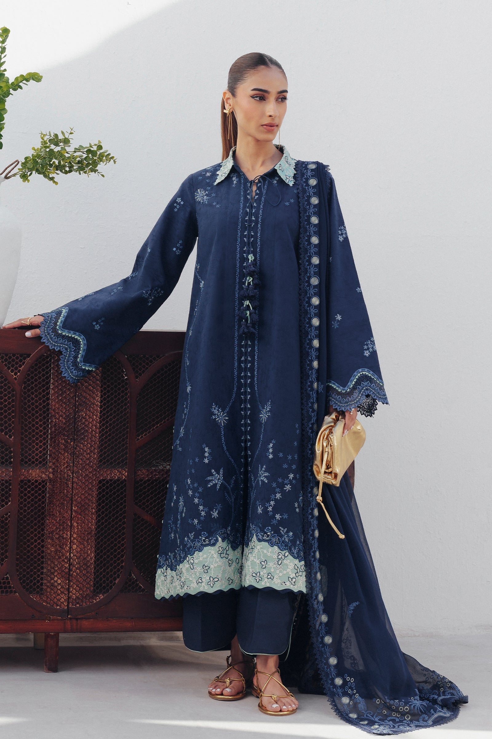 "Mirha Collections Qalamkar QBP-02 DARIA luxury embroidered stitched three-piece suit. Full-length front view featuring tailored shirt, designer dupatta, and trousers."
