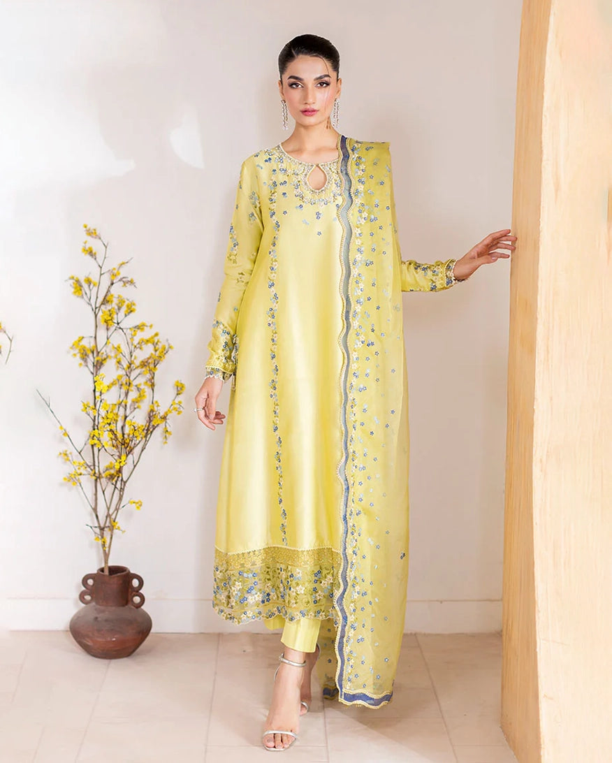 "Mirha Collections Mushq Lumiere luxury embroidered stitched three-piece suit. Full-length front view featuring tailored shirt, designer dupatta, and trousers."