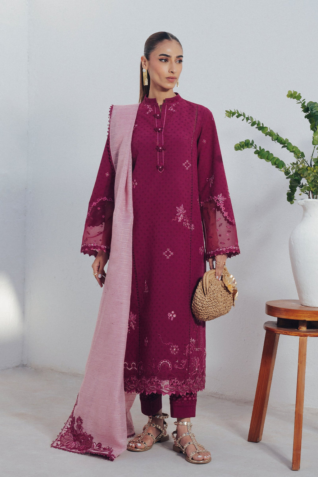 "Mirha Collections Qalamkar QBP-04 LIVIA luxury embroidered stitched three-piece suit. Full-length front view featuring tailored shirt, designer dupatta, and trousers."