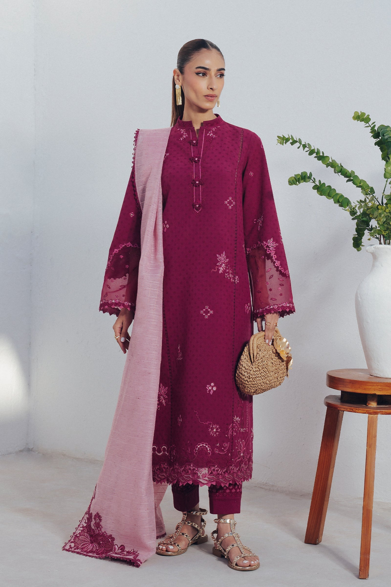 "Mirha Collections Qalamkar QBP-04 LIVIA luxury embroidered stitched three-piece suit. Full-length front view featuring tailored shirt, designer dupatta, and trousers."