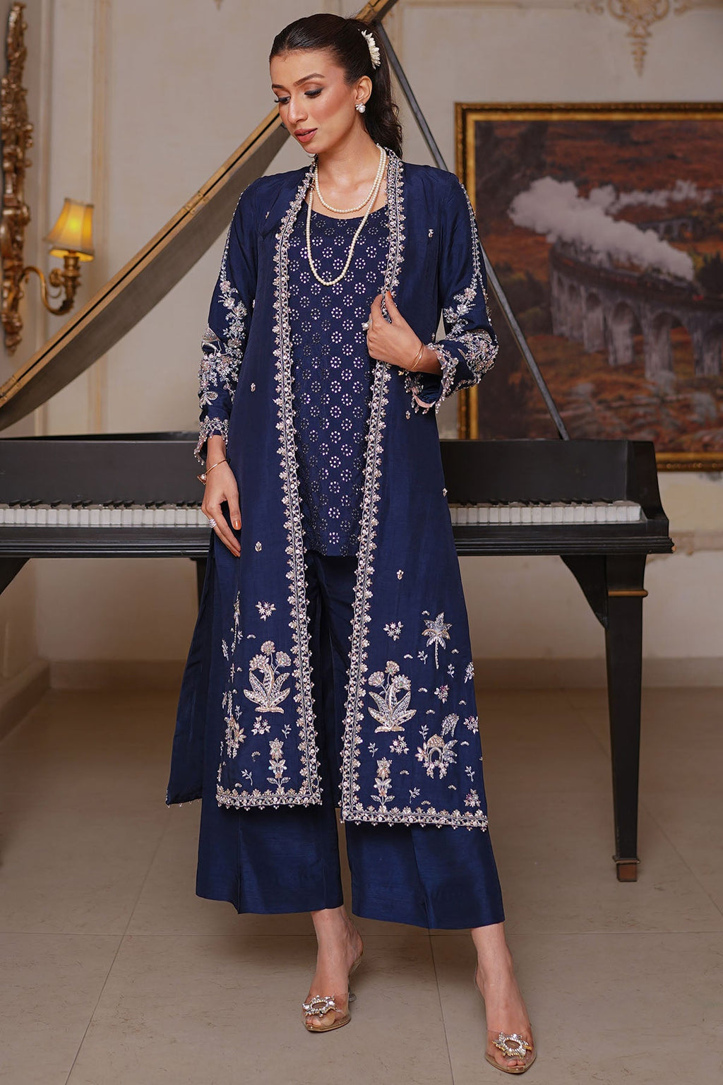 "Mirha Collections Motifz 0083 Elisha hand embellished Korean silk stitched three-piece Pakistani luxury formal suit. Full-length front view showcasing a tailored Korean silk shirt, luxury dupatta, and matching trousers."