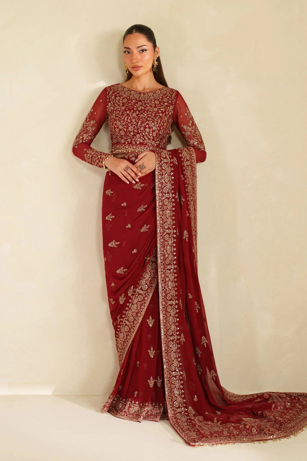 "Mirha Collections Zarif Sumrah luxury embroidered stitched three-piece suit. Full-length front view featuring tailored shirt, designer dupatta, and trousers."