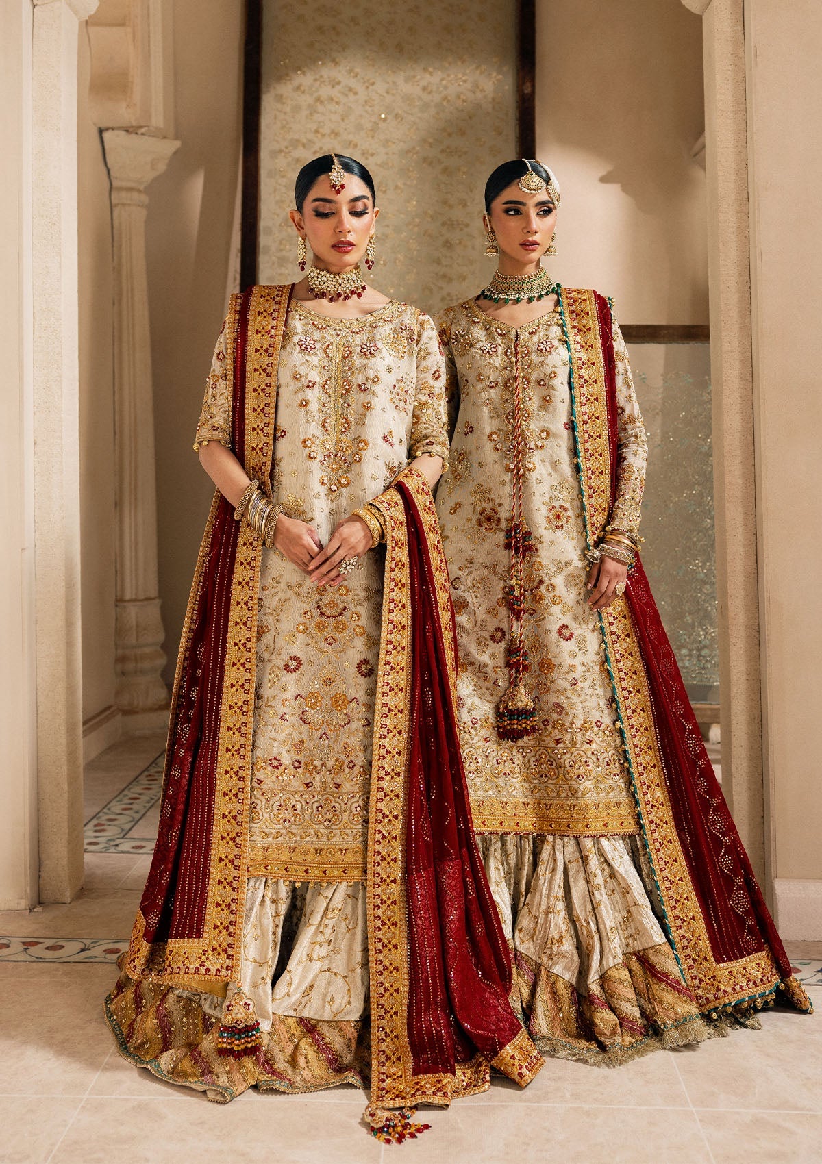 "Mirha Collections Aik Wedding Festive Look A2603 luxury three-piece Pakistani designer suit. Full-length presentation showcasing a heavily embroidered and structured formal shirt beautifully paired with matching tailored festive bottoms and a luxury draped dupatta."