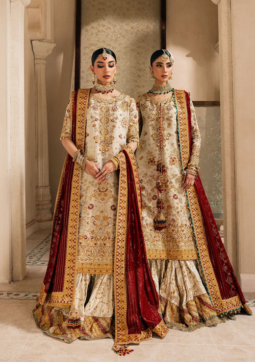 "Mirha Collections Aik Wedding Festive Look A2603 luxury three-piece Pakistani designer suit. Full-length presentation showcasing a heavily embroidered and structured formal shirt beautifully paired with matching tailored festive bottoms and a luxury draped dupatta."