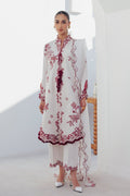 "Mirha Collections Qalamkar QBP-01 ALBA luxury embroidered stitched three-piece suit. Full-length front view featuring tailored shirt, designer dupatta, and trousers."
