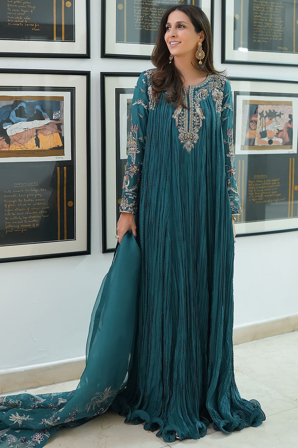 "Mirha Collections Motifz 0079 Mahnoor hand embellished silk stitched three-piece Pakistani designer suit. Full-length front view featuring tailored silk shirt, embroidered dupatta, and silk trousers."