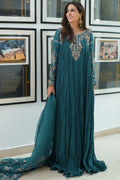 "Mirha Collections Motifz 0079 Mahnoor hand embellished silk stitched three-piece Pakistani designer suit. Full-length front view featuring tailored silk shirt, embroidered dupatta, and silk trousers."