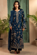 "Mirha Collections Motifz 0074 Afsana hand embellished silk stitched three-piece Pakistani luxury formal suit. Full-length front view showcasing a tailored silk shirt, embroidered organza dupatta, and matching silk trousers."