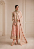"Mirha Collections Aik Shaam Look B2605 three-piece Pakistani designer suit. Full-length presentation featuring a heavily embroidered dark evening formal shirt paired with tailored silk trousers and an embellished luxury dupatta."
