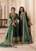 "Mirha Collections Aik Wedding Festive Look A2604 luxury three-piece Pakistani designer suit. Full-length presentation showcasing a heavily embroidered and structured formal shirt beautifully paired with matching tailored festive bottoms and a luxury draped dupatta."