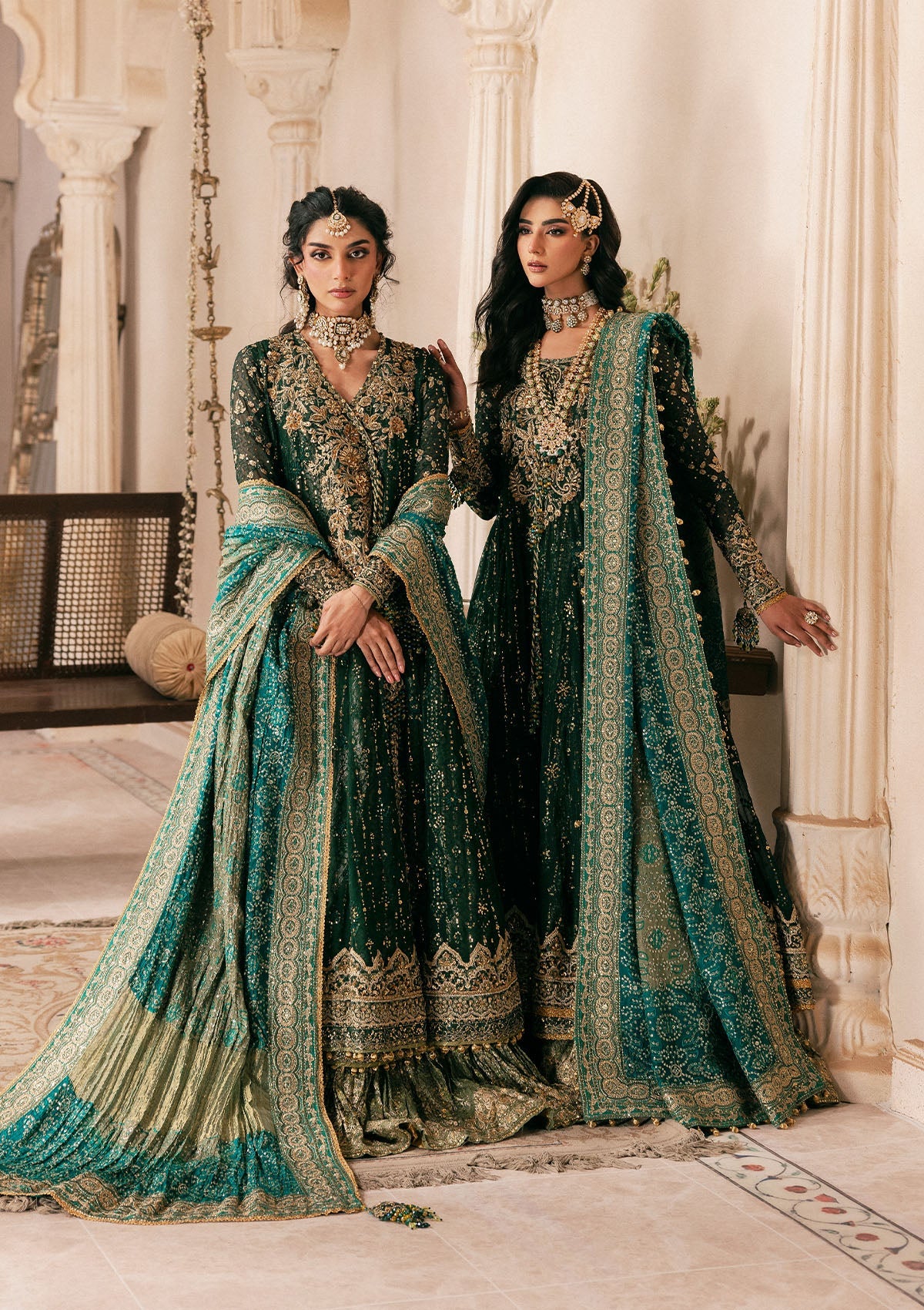 "Mirha Collections Aik Wedding Festive Look A2604 luxury three-piece Pakistani designer suit. Full-length presentation showcasing a heavily embroidered and structured formal shirt beautifully paired with matching tailored festive bottoms and a luxury draped dupatta."