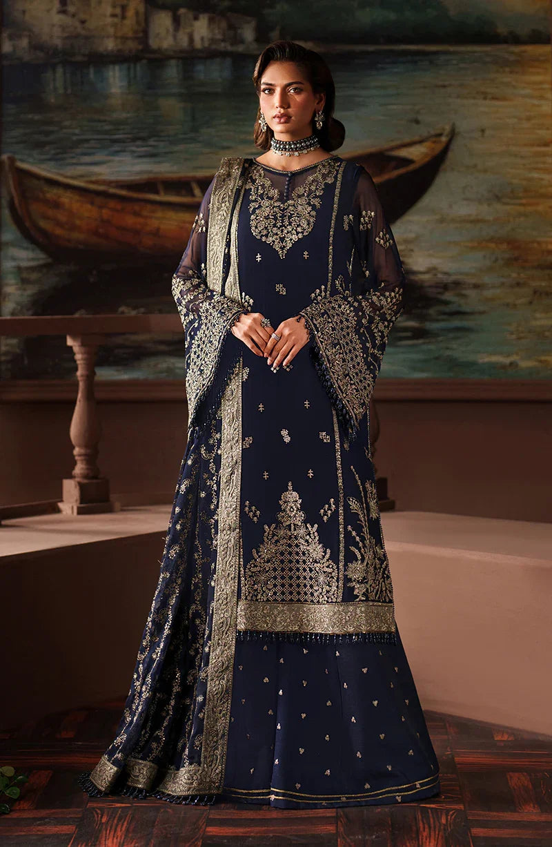 "Mirha Collections Zarif ZRF-PRC-06 FELICIA luxury embroidered stitched three-piece suit. Full-length front view featuring tailored shirt, designer dupatta, and trousers."