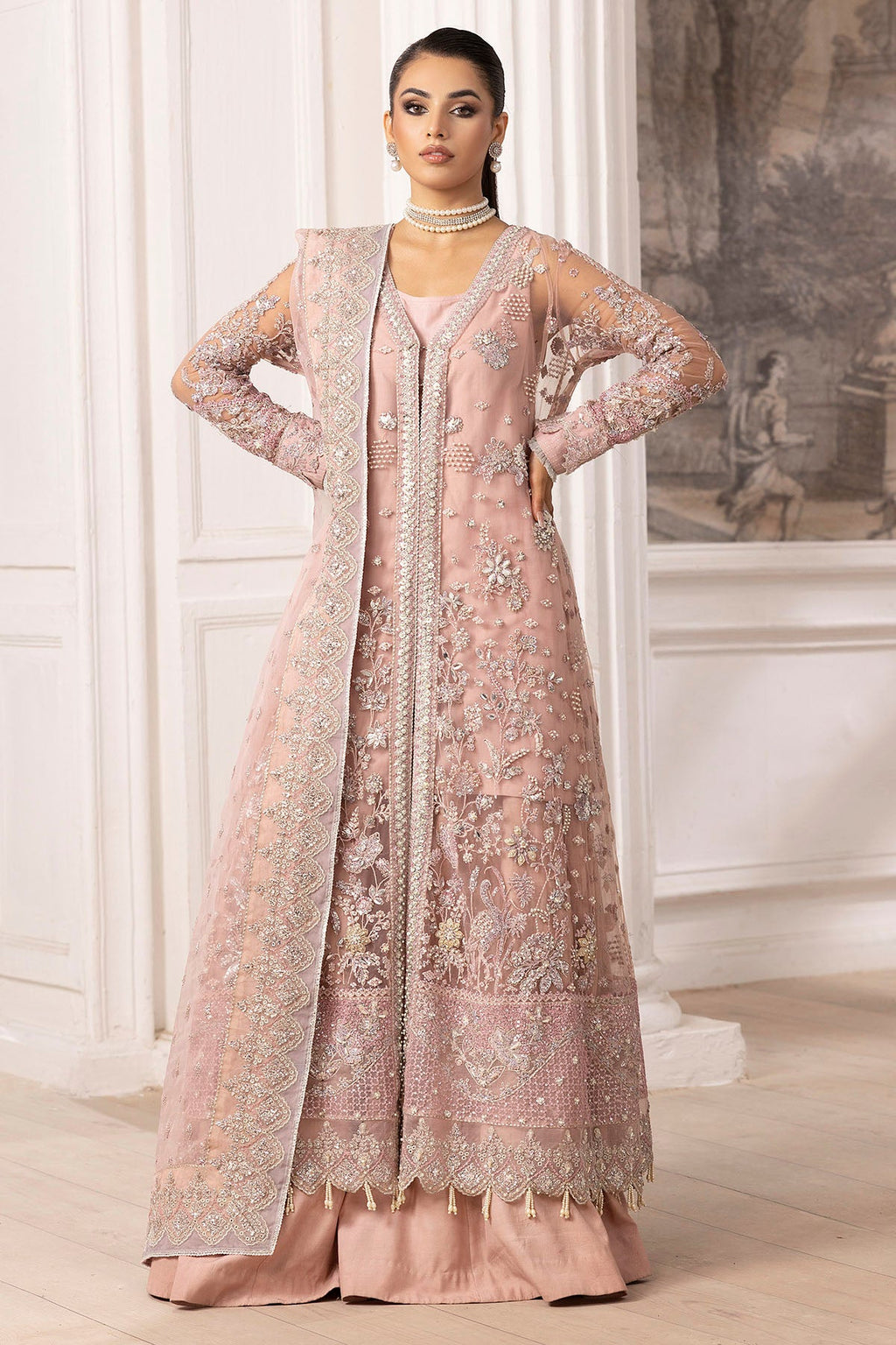 "Mirha Collections Motifz 4935-AHLAM Embroidered Silk Net three-piece luxury suit. Full-length presentation featuring an intricately embroidered silk net shirt paired with silk trousers and an embellished silk net dupatta."