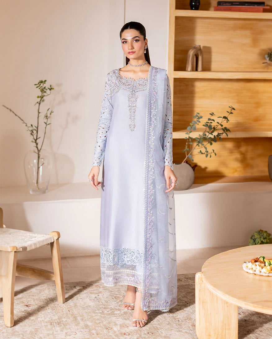 "Mirha Collections Mushq Verve luxury embroidered stitched three-piece suit. Full-length front view featuring tailored shirt, designer dupatta, and trousers."