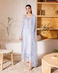 "Mirha Collections Mushq Verve luxury embroidered stitched three-piece suit. Full-length front view featuring tailored shirt, designer dupatta, and trousers."