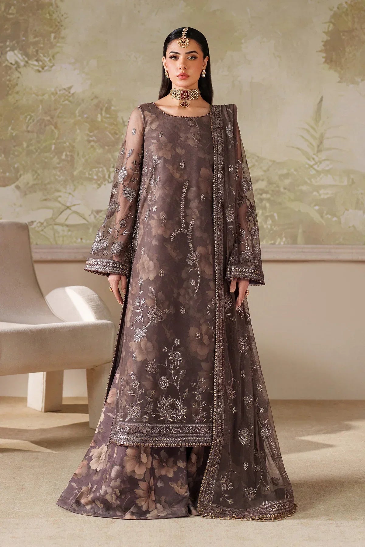 "Mirha Collections Zarif ZRF-ZPE-08 MAHVEER luxury embroidered stitched three-piece suit. Full-length front view featuring tailored shirt, designer dupatta, and trousers."